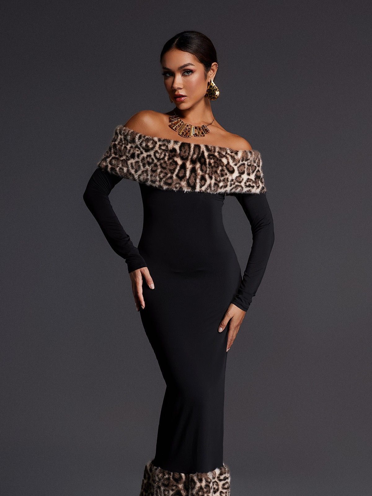 clara Off Shoulder Leopard furry Maxi Dress in black