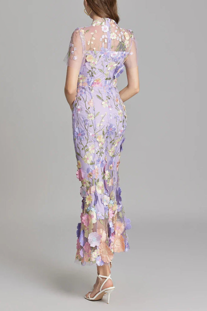 FLORAL EMBROIDERY MESH FISHTAIL MIDI DRESS IN PURPLE