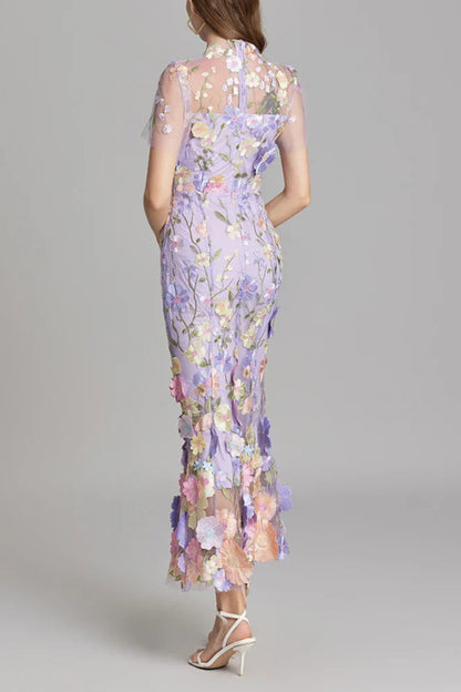 FLORAL EMBROIDERY MESH FISHTAIL MIDI DRESS IN PURPLE