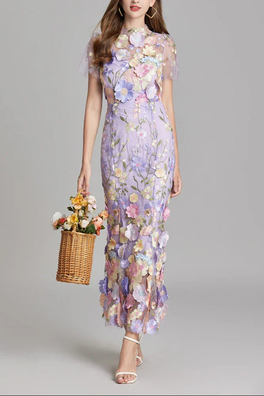 FLORAL EMBROIDERY MESH FISHTAIL MIDI DRESS IN PURPLE