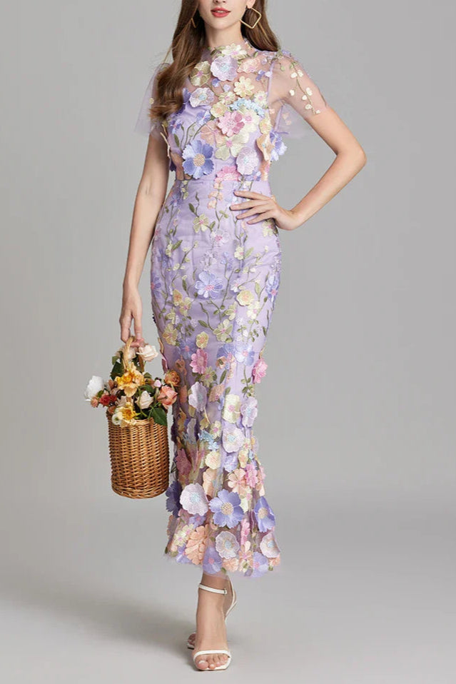 FLORAL EMBROIDERY MESH FISHTAIL MIDI DRESS IN PURPLE