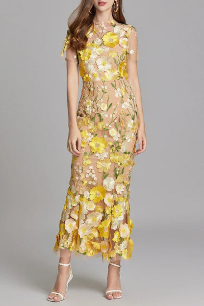 FLORAL EMBROIDERY MESH FISHTAIL MIDI DRESS IN YELLOW