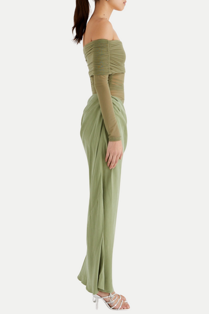 Enko Off Shoulder Ruched Mesh Maxi Dress - Green