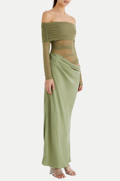 Enko Off Shoulder Ruched Mesh Maxi Dress - Green