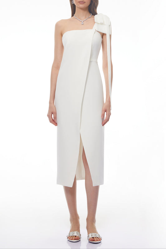 Estelle White Off Shoulder Satin Midi Dress with Bow
