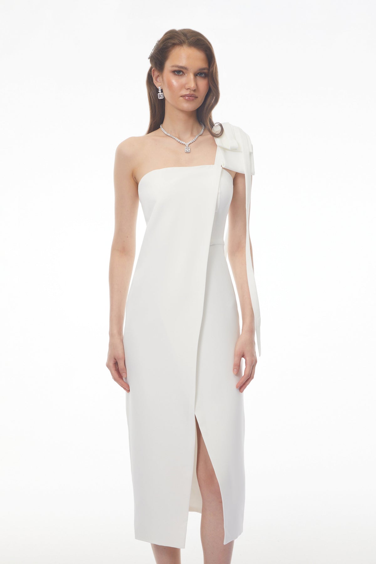 Estelle White Off Shoulder Satin Midi Dress with Bow