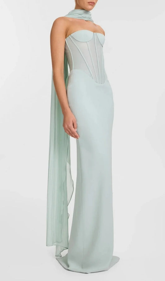 Ramire Strapless  Mesh Scarf Corset Maxi Dress