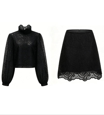Black Lace Ruffle Neck Puff Sleeve Top & A-Line Skirt Two-Piece Set
