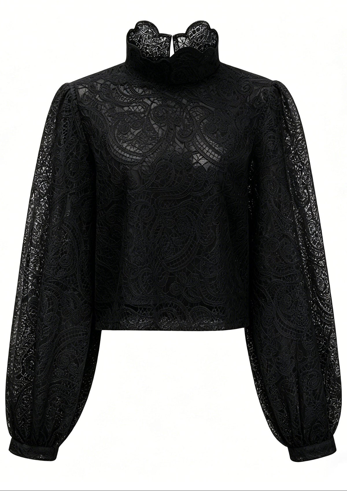 Black Lace Ruffle Neck Puff Sleeve Top & A-Line Skirt Two-Piece Set