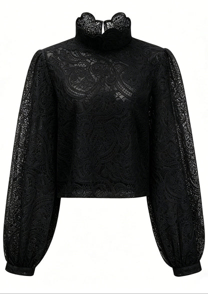 Black Lace Ruffle Neck Puff Sleeve Top & A-Line Skirt Two-Piece Set