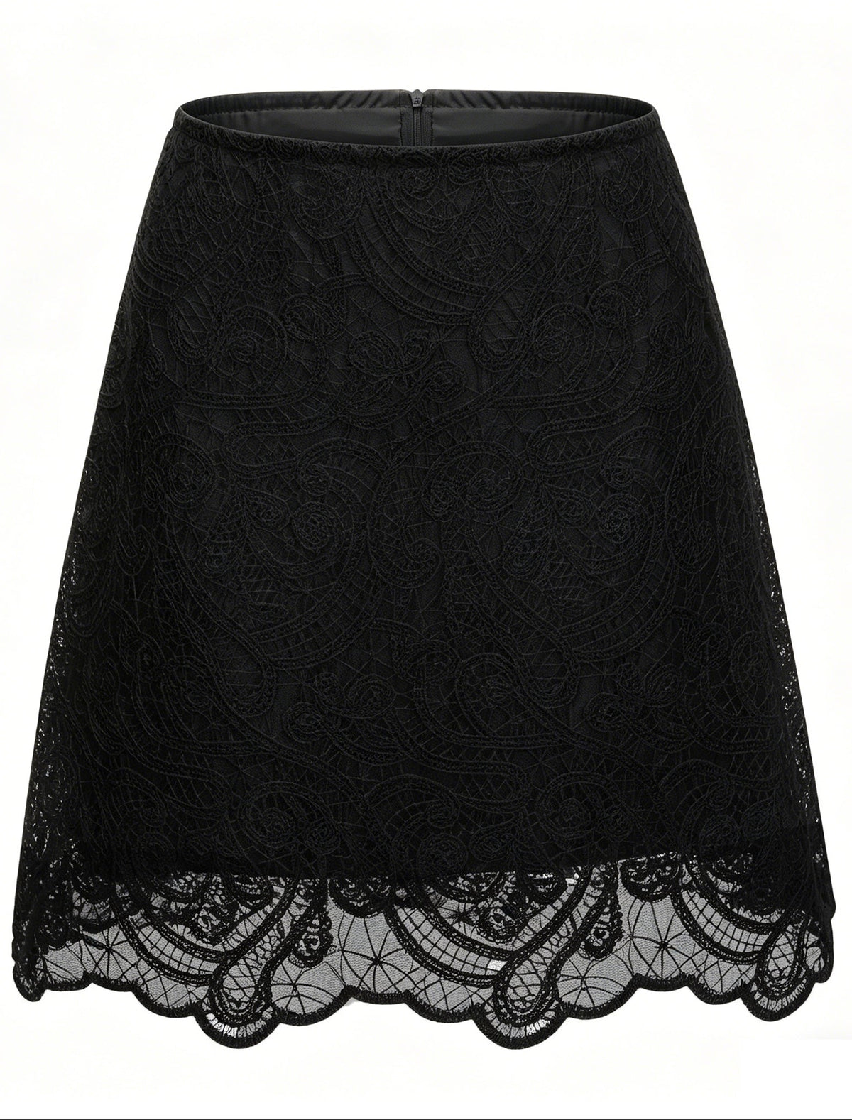 Black Lace Ruffle Neck Puff Sleeve Top & A-Line Skirt Two-Piece Set