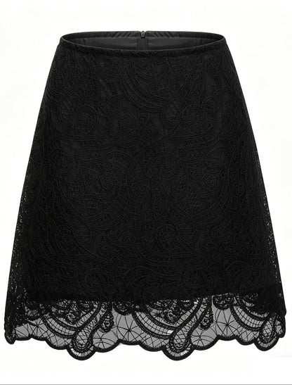 Black Lace Ruffle Neck Puff Sleeve Top & A-Line Skirt Two-Piece Set