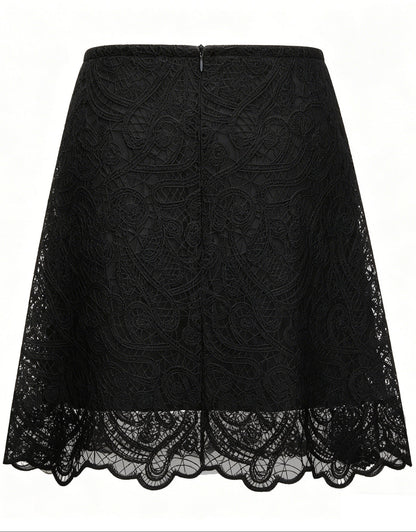 Black Lace Ruffle Neck Puff Sleeve Top & A-Line Skirt Two-Piece Set