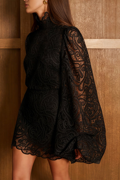 Black Lace Ruffle Neck Puff Sleeve Top & A-Line Skirt Two-Piece Set