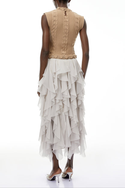 janice Khaki Asymmetrical Ruffled Maxi Dress