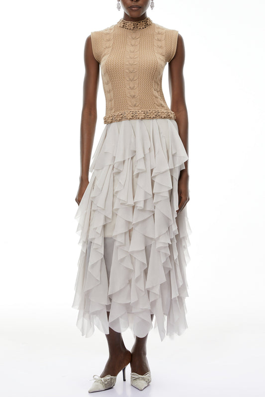 janice Khaki Asymmetrical Ruffled Maxi Dress