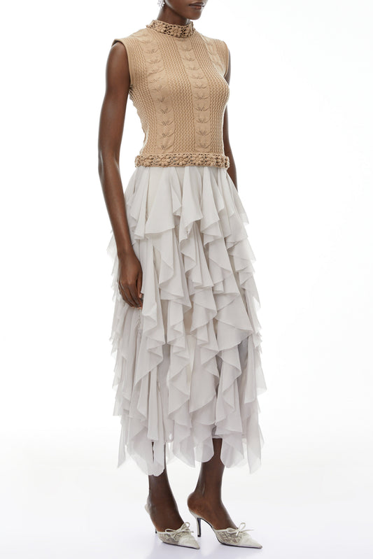 janice Khaki Asymmetrical Ruffled Maxi Dress