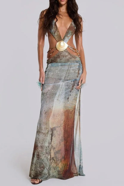 Einar Print Mesh Embellished Backless Maxi Dress
