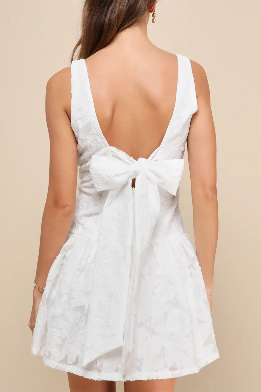 Exuberant Elegance White Jacquard Drop Waist Mini Dress