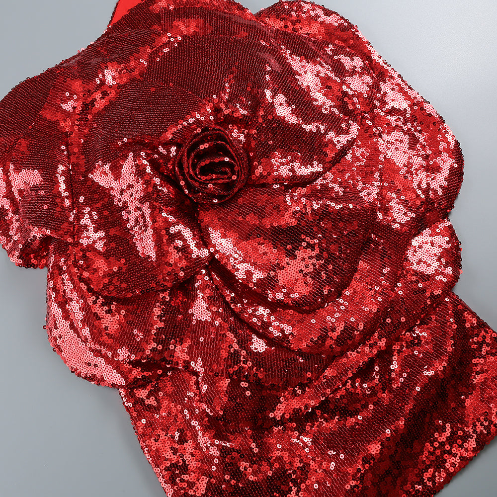 RED FLORAL-EMBELLISHED SEQUINED MINI DRESS