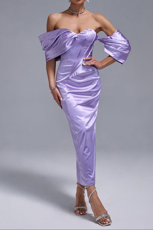 Lavender Satin Off Shoulder Midi Dress