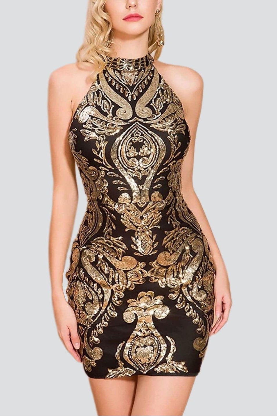 Halterneck Damask Sequin Bodycon Mini Dress