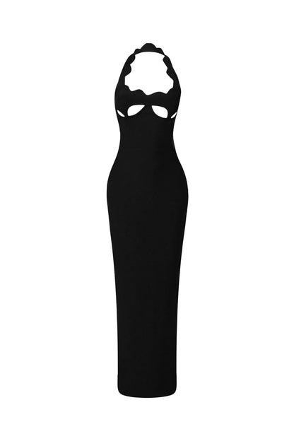 lara cutout backless Halter bandage maxi dress in black
