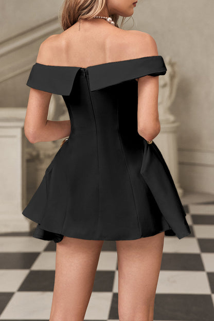 metal detail a-line off-shoulder mini dress in  Black