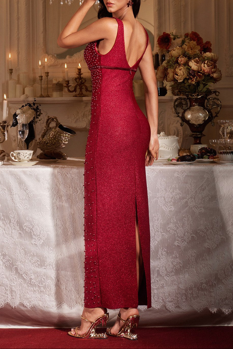 kelly Plunge Neck Pearl Maxi Dress in burgundy