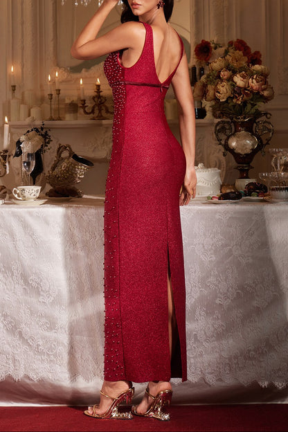 kelly Plunge Neck Pearl Maxi Dress in burgundy
