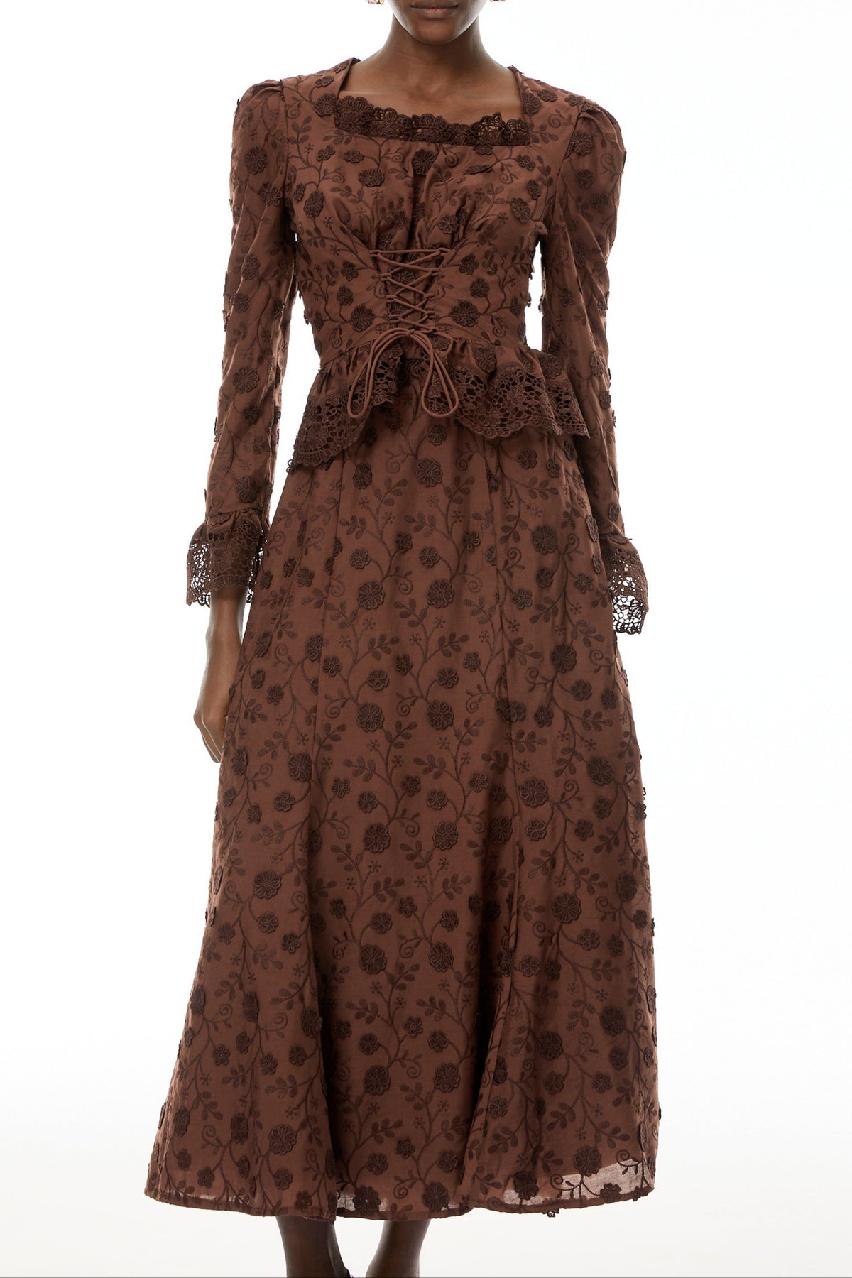 Fiorenza Brown Floral Lace Blouse & Skirt Set