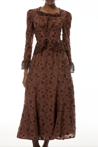 Fiorenza Brown Floral Lace Blouse & Skirt Set