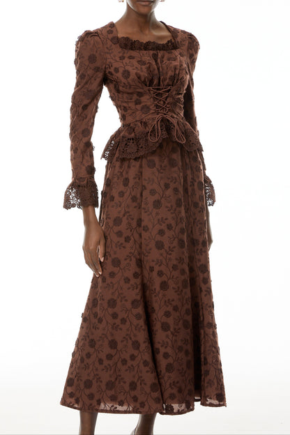 Fiorenza Brown Floral Lace Blouse & Skirt Set