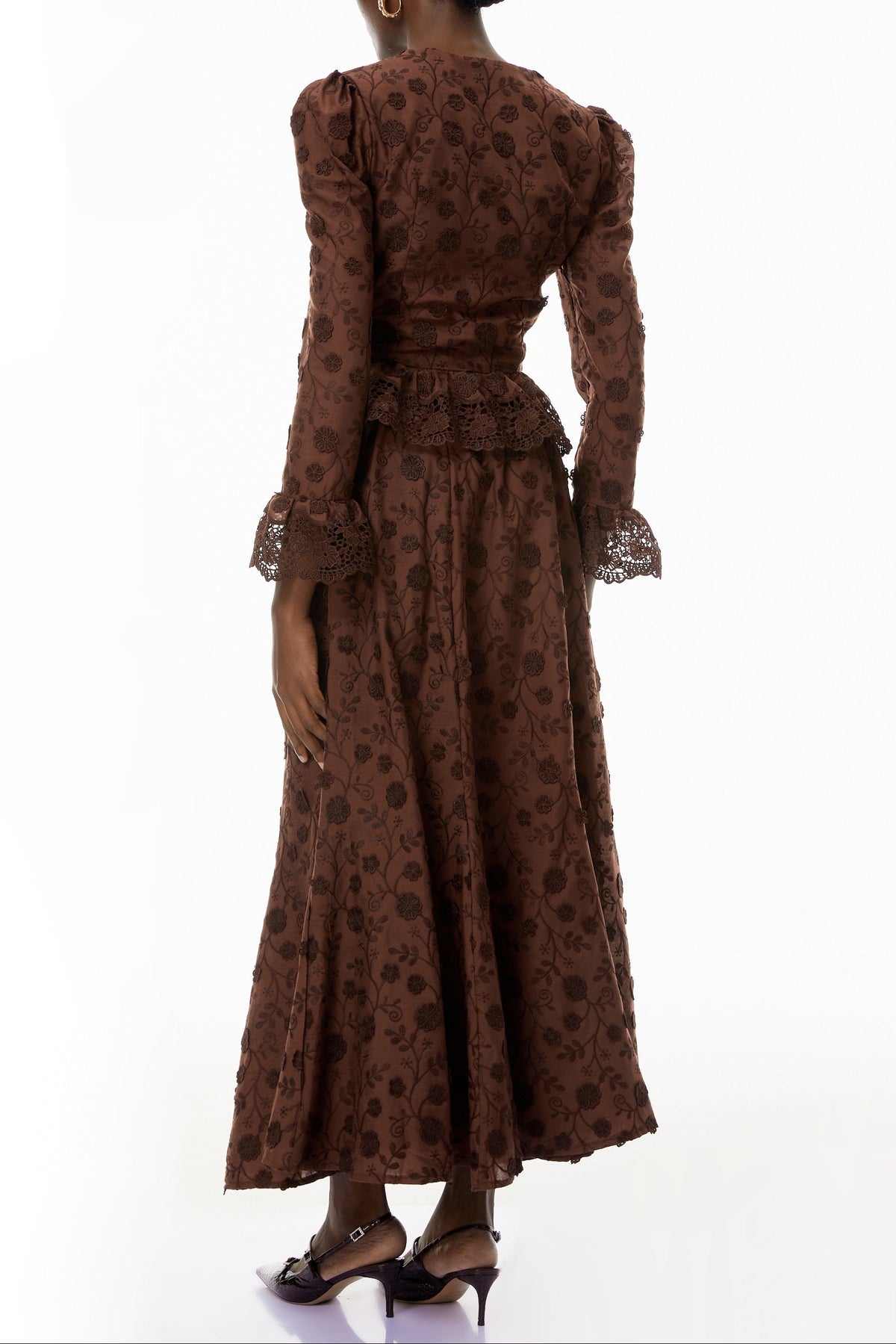 Fiorenza Brown Floral Lace Blouse & Skirt Set