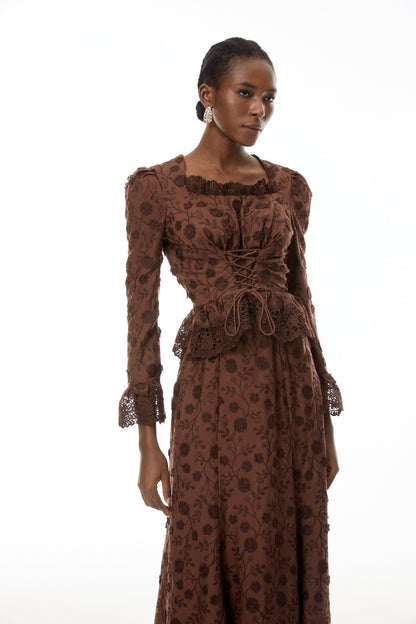 Fiorenza Brown Floral Lace Blouse & Skirt Set
