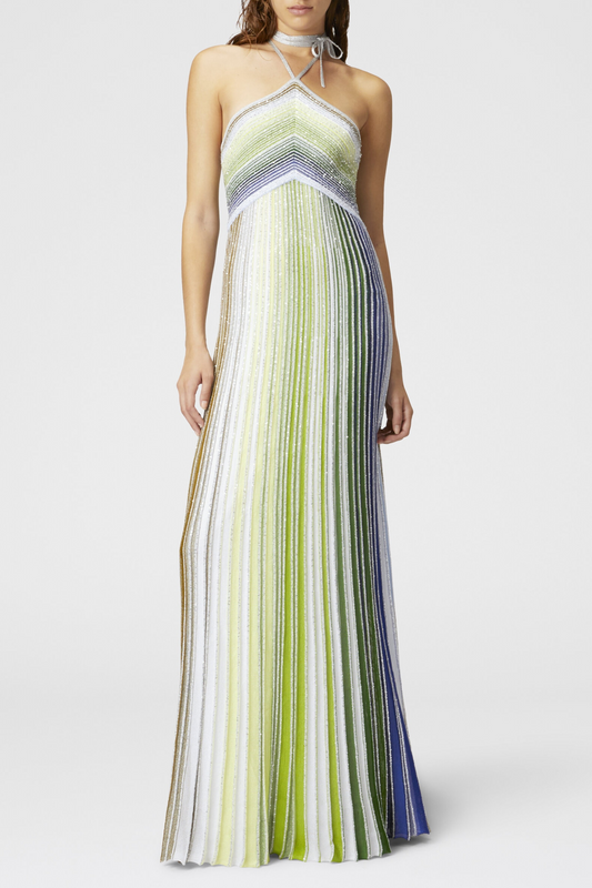 Halter Metallic Gradient Knit Maxi Dress - Green