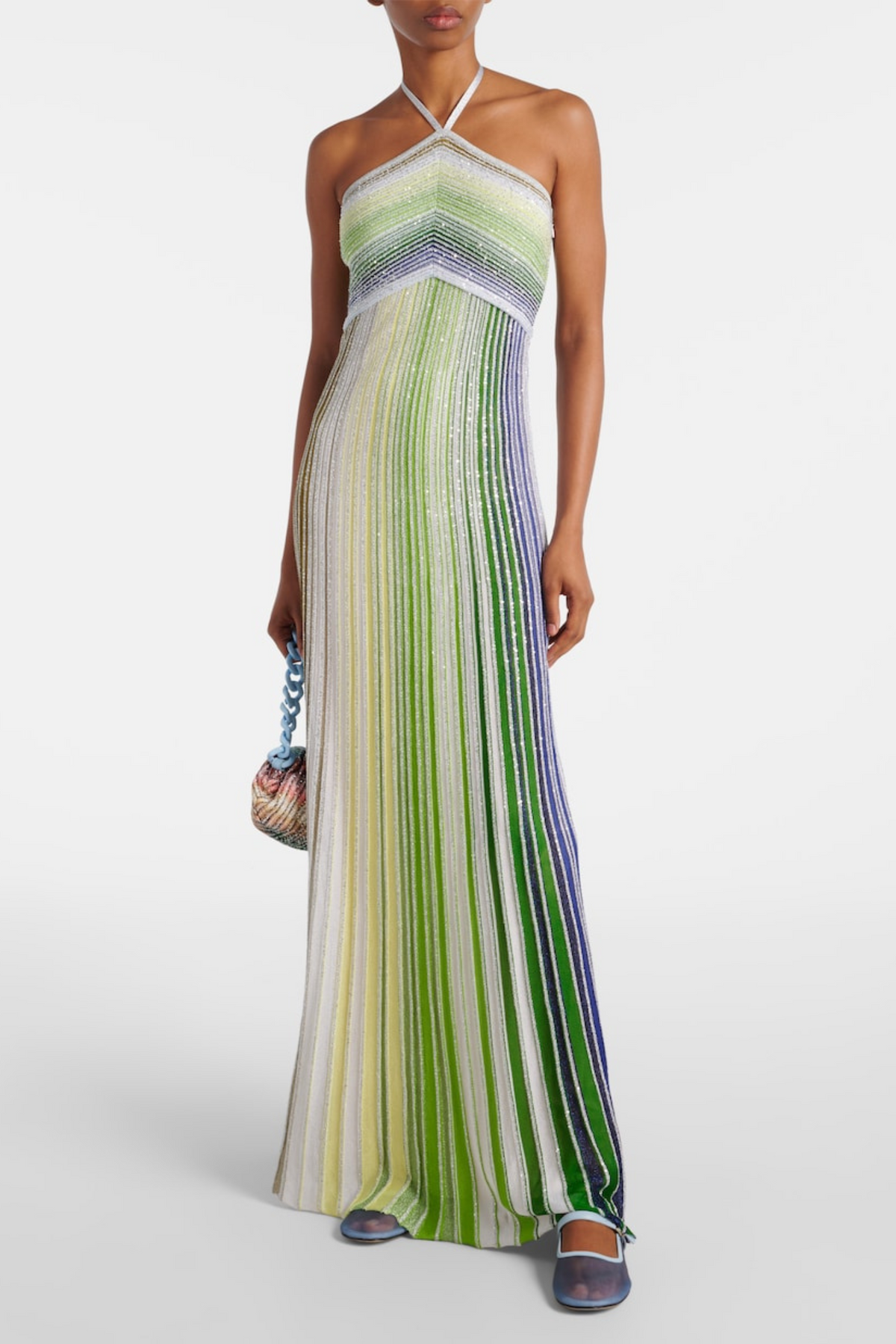 Halter Metallic Gradient Knit Maxi Dress - Green