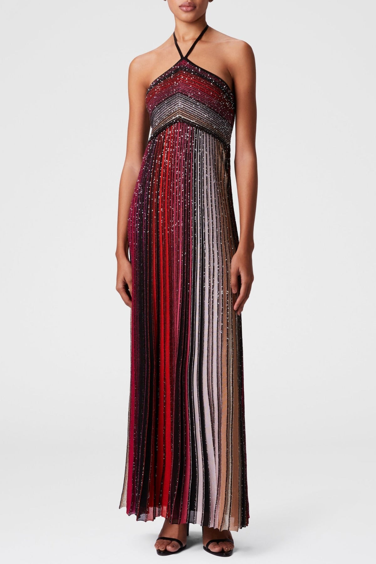 Halter Metallic Gradient Knit Maxi Dress - Red