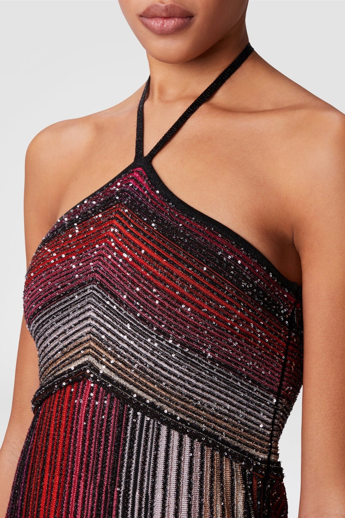 Halter Metallic Gradient Knit Maxi Dress - Red