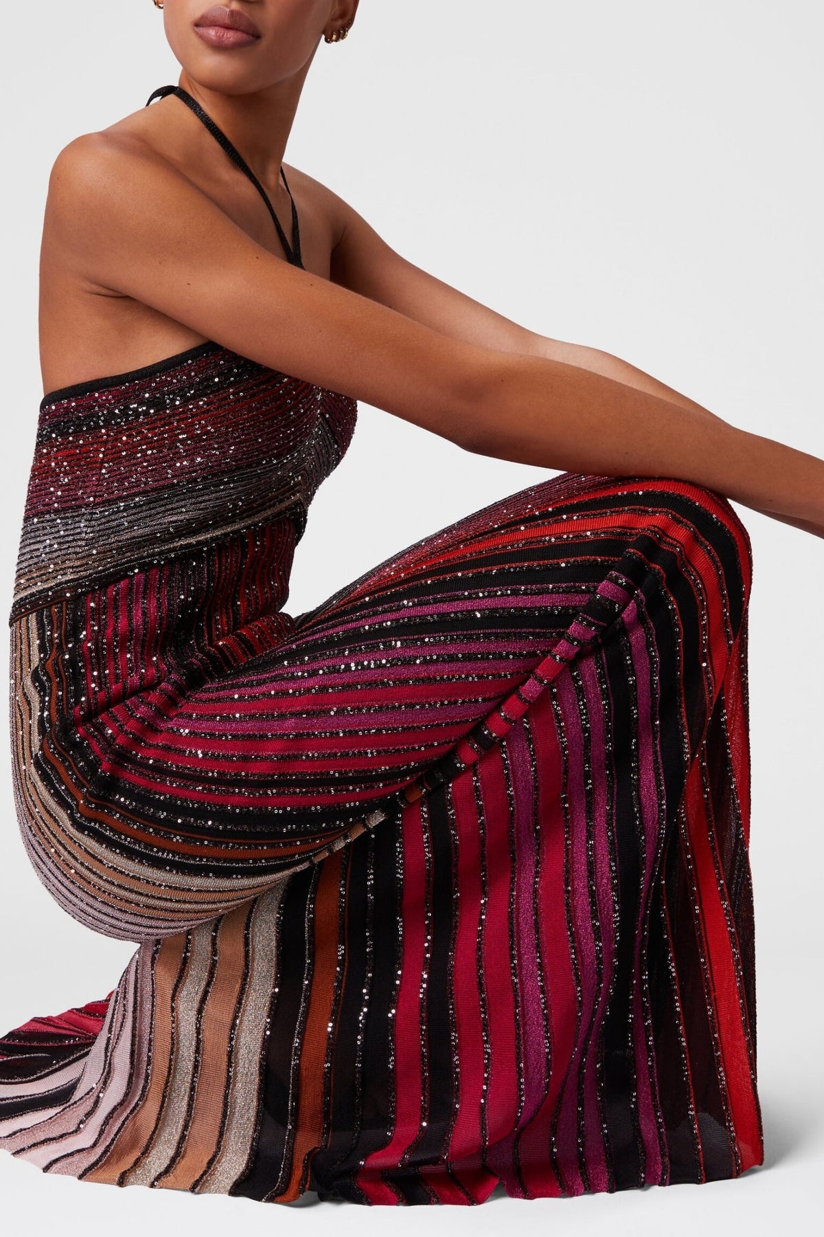 Halter Metallic Gradient Knit Maxi Dress - Red