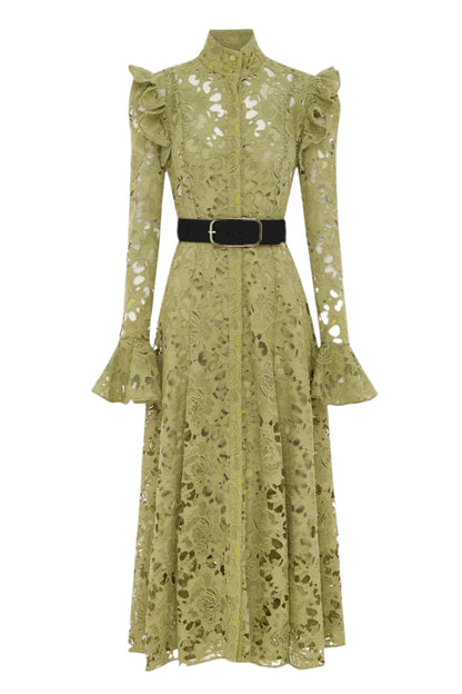 Freya Ruffle Lace-embroidered Belted Midi Dress - Green