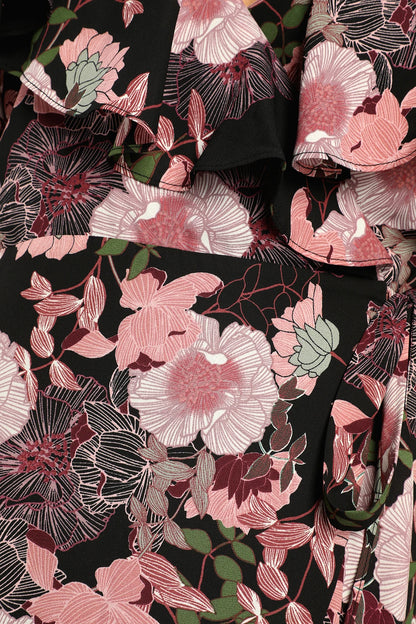 Bloomed Floral Off-the-Shoulder Maxi Wrap Dress in Black