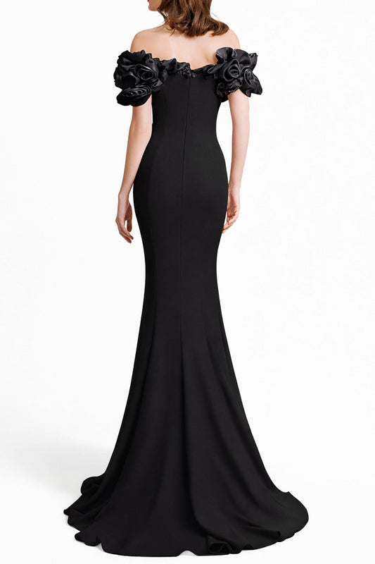 suzanne off-shoulder 3d flower bodycon maxi dress - black