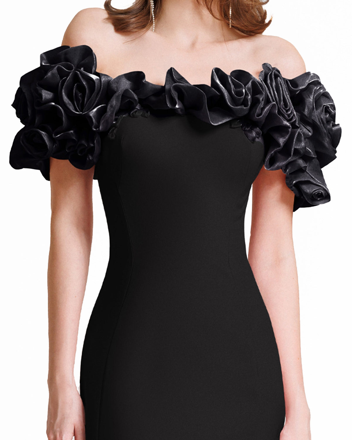 suzanne off-shoulder 3d flower bodycon maxi dress - black