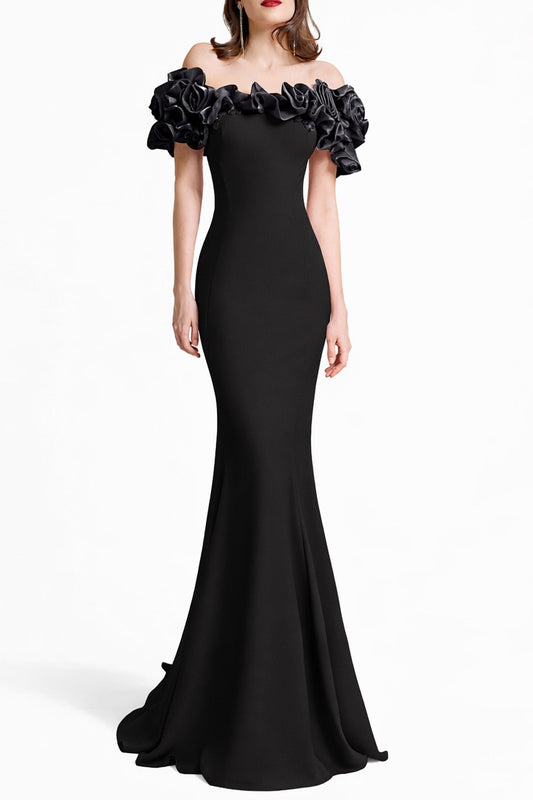 suzanne off-shoulder 3d flower bodycon maxi dress - black