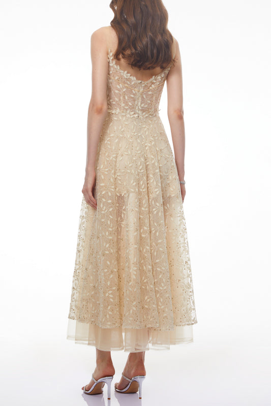 Gabriella Champagne Tulle Maxi Dress with 3D Petals