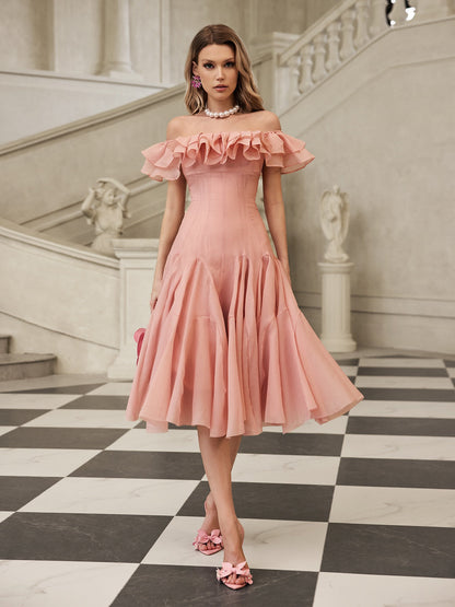 apphia Off Shoulder Ruffle Midi Dress In pink