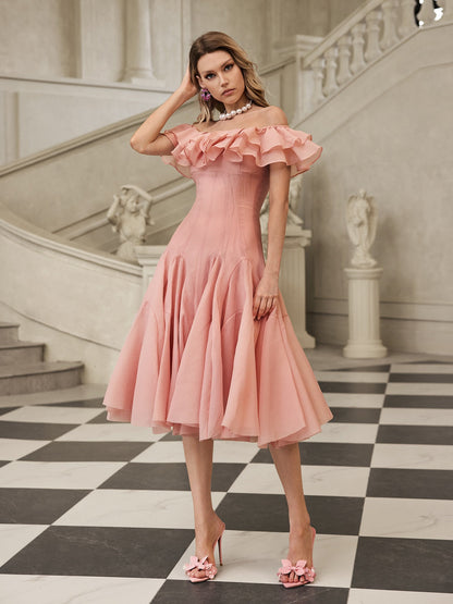 apphia Off Shoulder Ruffle Midi Dress In pink