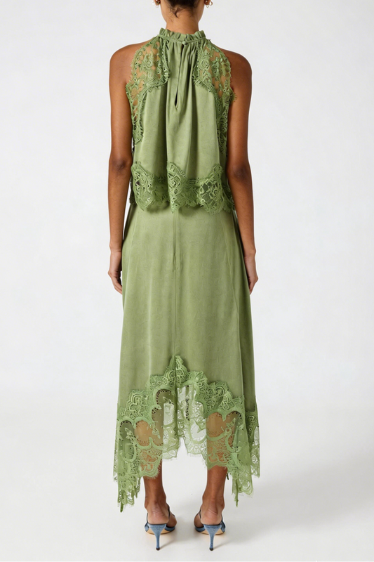 Gavia Sleeveless Lace Top & Midi Skirt Set - Green
