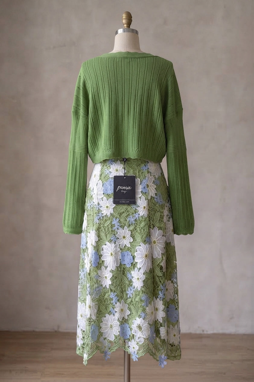 Green Floral Lace Slip Dress & Cropped Shrug Two-Piece Set